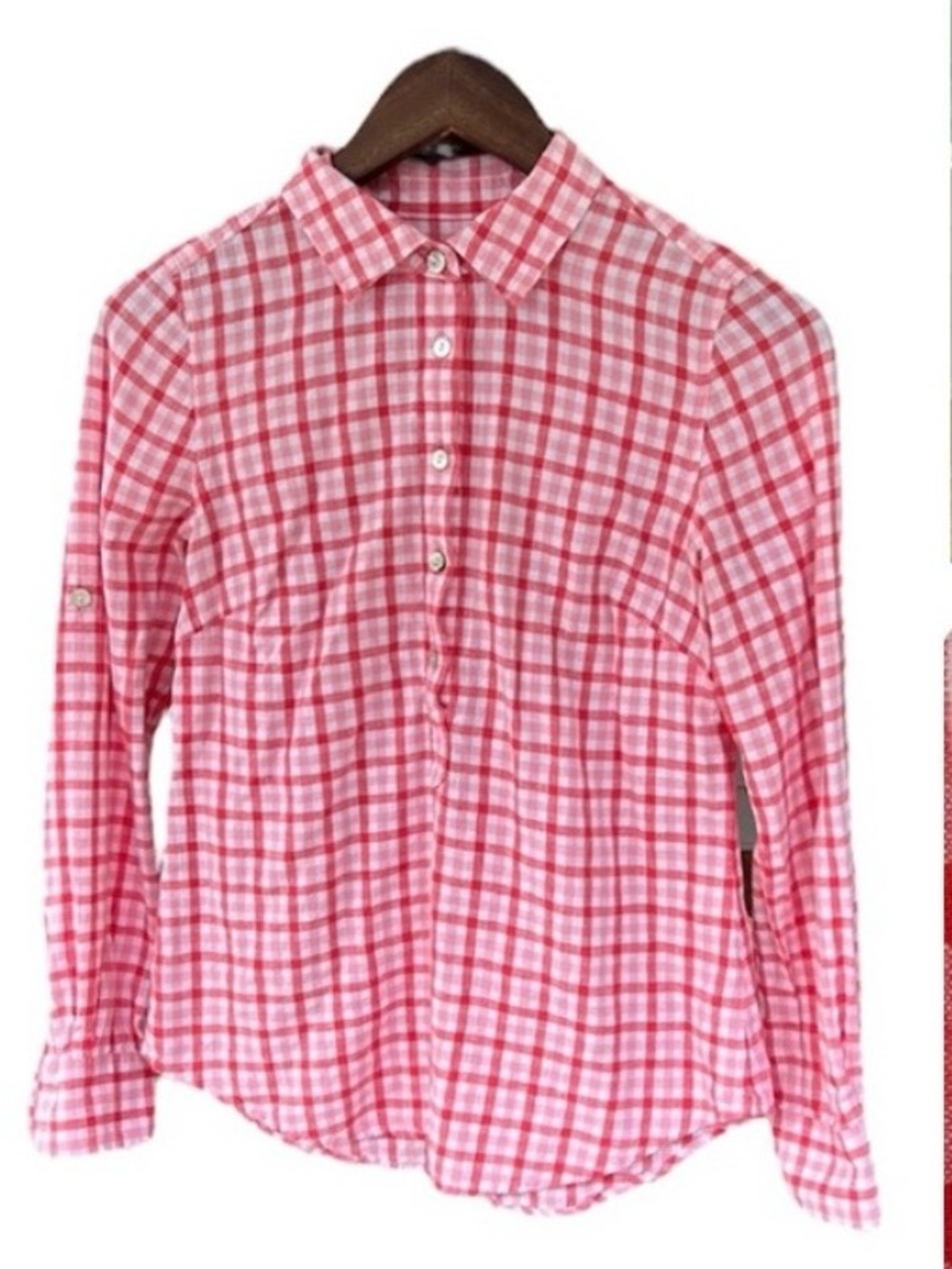 Vineyard Vines Red Pink Gingham Linen Cotton Button Blend Down Shirt Top Size 0 - Picture 2 of 16
